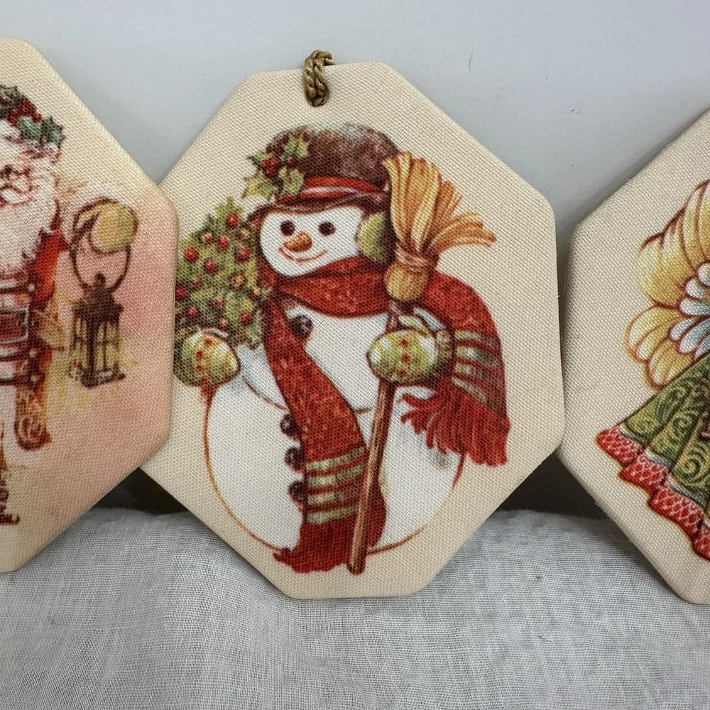 Set of 3 Avon‎ Double Sided Snowman Angel Santa Mrs Fabric Christmas Ornament